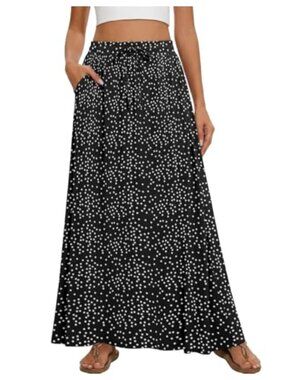 Flowy Maxi Skirt High Waisted A-Line Pleated Summer Long Skirt with Pockets
